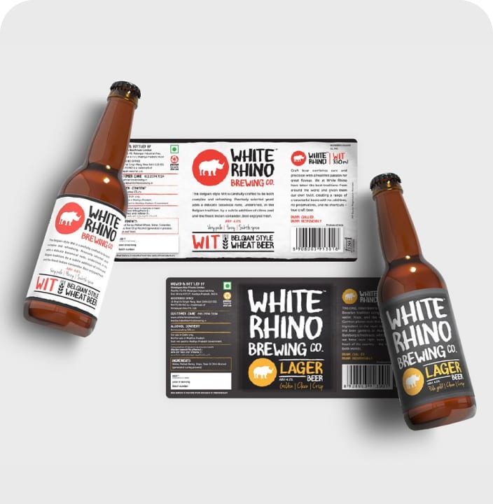 White Rhino Brewing lager bottles with the label artwork